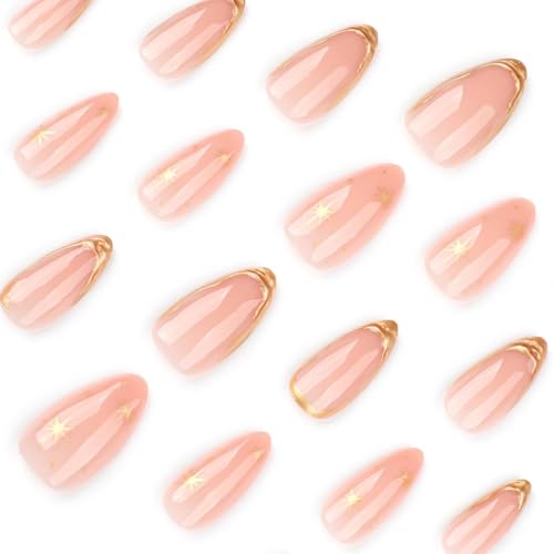 Foccna Almond Press-On Nails with Gold Line Design, 24 Pcs (Variation: Nails 4) Glossy Full Cover Glue-On Nails