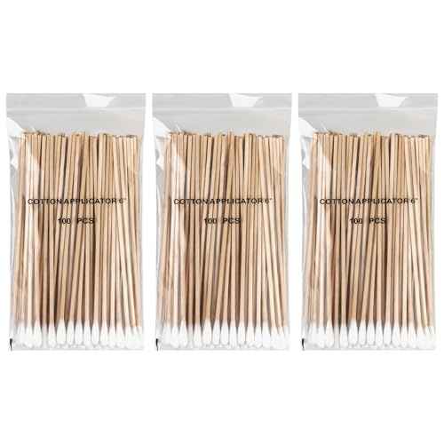 Vaincre 300PCS Long Cotton Swabs - 6" Cleaning Cotton Swab Buds with Wooden Sticks, Microblading Eyeshadow Tip Applicators, Microswabs Swabsticks for Dogs Makeup Nail Art Tattoo Permanent Supplies