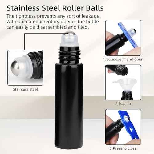 10ML Glass Essential Oil Roller Bottles,24 Pack black Oil Roller Bottles for Essential Oils, refillable rollerball bottle(24 Labels, Opener, Funnel, Dropper Included)