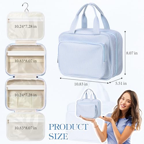 Hanging Toiletry Bag for Women with Detachable Pouch, Travel Toiletry Bag, Travel Size Toiletries, Cosmetic Bags, Seersucker Makeup Bags Gifts for Her Mom Girlfriend Wife Teacher(Blue)