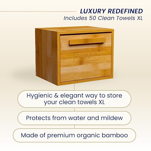Clean Skin Club Luxe Bamboo container with pullout drawer includes Clean Towels¢ç Original XL 50 Count, Disposable Face Towel Holder for Bathroom Counter