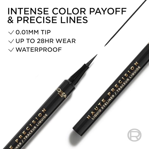 L'Oreal Paris Haute Precision Waterproof Liquid Eyeliner, Smudge-Proof Eye Liner with Micro-Tip, for up to 28HR Eye Makeup Wear, 010 Black Silk