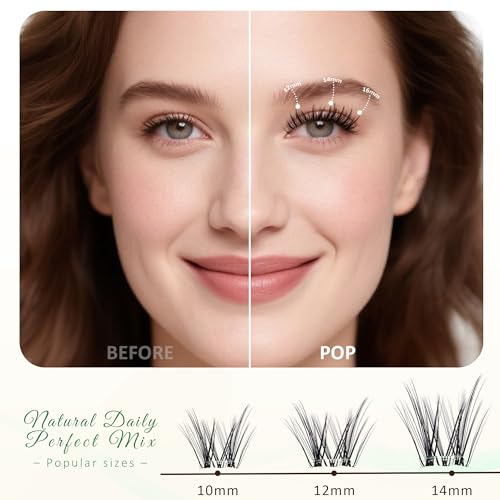 POP PRESS 10-16mm Self-Adhesive Lash Clusters Kit, Wispy Airy Volume, Thin Invisible Band, 1-Minute Pre-Glued Press-On, Includes Tweezers, All-Day No-Fall, Naked Makeup Look
