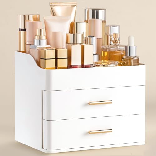 HBlife Makeup Organizer with 2 Drawers - White Acrylic Cosmetics Storage