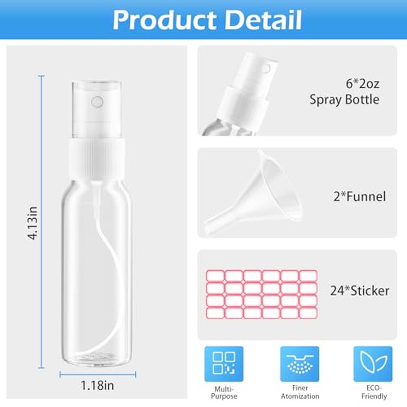 2oz Spray Bottles Set, 6 Pack Clear Fine Mist Travel Bottles