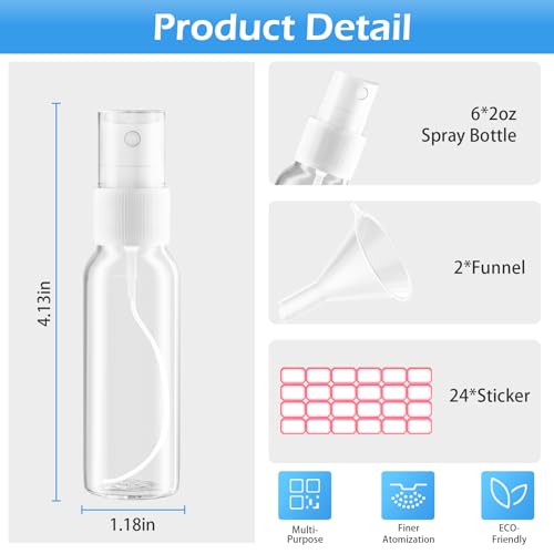 2oz Spray Bottles Set, 6 Pack Clear Fine Mist Travel Bottles