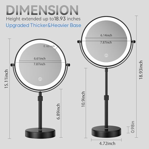 Nicesail LED Lighted Makeup Mirror Tabletop, 10X Magnifying Mirror with 3 Color Lights, Brightness Adjustable Height Adjustable, 15''~19'' Double Sided Touch Switch Desk Mirror, Black(8 Inch, 10X)