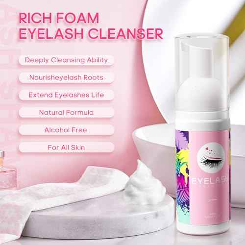 Buqikma Lash Cleaning Kit - Lash Shampoo Kit Eyelash Extension Cleanser for Extensions 60ML with Rechargeable Handheld Lash Fan Dryer Mascara Brush Rinse Bottle Makeup Cleansing Foam for Lash Care