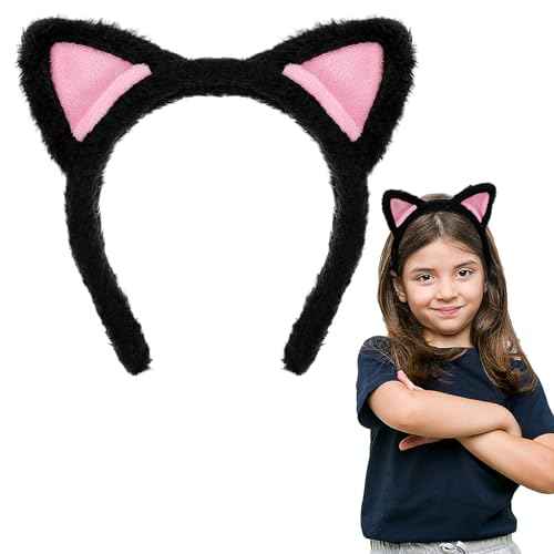 Cat Ears Headbands, Plush Soft Cute Washing Face Head band Fuzzy Kitten Makeup Hair Headbands for Mask Skincare Spa Yoga Halloween Parties Cosplay (Black)