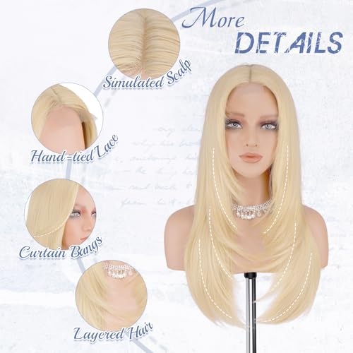 Haloo 24 Inch Blonde Wig with Curtain Bangs - Lace Front Synthetic Hair