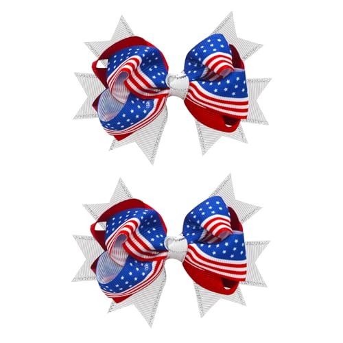 JUCCPUL 2Pcs 4th of July Hair Bows for Girls American Flag Barrette Hair Bow Patriotic Stars and Stripes Hairgrips Baby Girls Women Hair Accessories 3inch