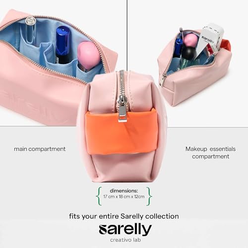 SARELLY, Mini Makeup Bag, Vegan Leather with Compartments (Blush)