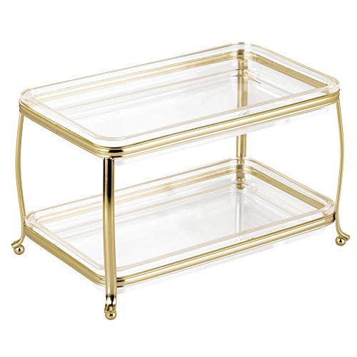 mDesign Decorative Makeup Storage Organizer Vanity Tray for Bathroom Counter Tops, 2 Levels to Hold Makeup Brushes, Eyeshadow Palettes, Lipstick, Perfume and Jewelry - Soft Brass/Clear