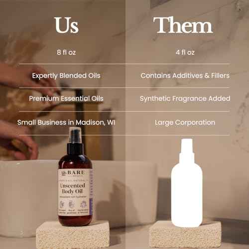 BARE BOTANICS 8 oz Moisturizing Unscented Body Oil - 100% Pure & Natural for Skin & Nails - Perfect for Moisturization - Vegan, Cruelty Free & Naturally Scented Hair Oil