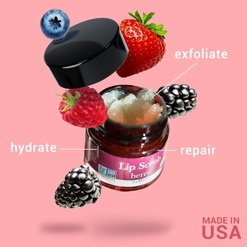 Organic Lip Scrub Berry - USA Made Exfoliating Lip Scrub with Natural & Organic Ingredients, Moisturizing Lip Exfoliator Scrub for Dry Lips, Lip Scrubber Exfoliator & Sugar Scrub for Smooth Lips