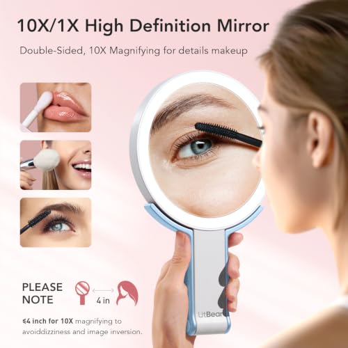 LitBear Travel Makeup Mirror with Lights - White Blue, Dimmable 10X/1X Magnifying Portable Mirror
