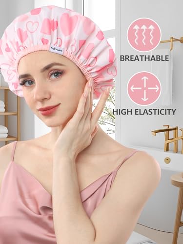 Pink Reusable Waterproof Shower Cap for Women - Double Layer Hair Cover, One Size