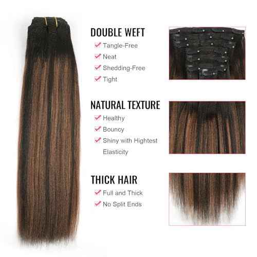 ABH AMAZINGBEAUTY HAIR Yaki Straight Human Hair Clip ins Rooted Black Piano Natural Black #1B Fading into Light Auburn #30 Two Tone Light Yaki Clip ins for Black Women Human Hair 12 Inch 120G 7Pcs