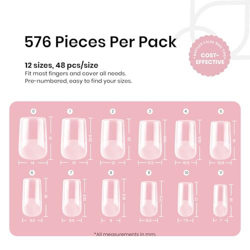 Beetles Gel Nail Tips A-Square Short 576pcs Pre-Shaped Etch-X, Clear, 12 Sizes