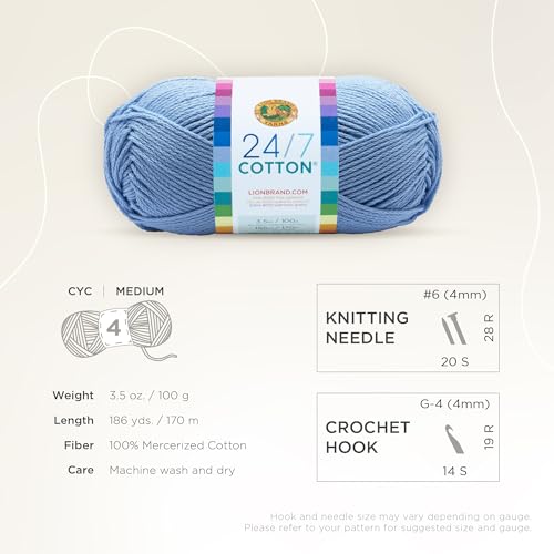 Lion Brand 24/7 Cotton Yarn, Lightweight Yarn for Knitting, Crocheting, and Crafts, Sky, 1 Pack