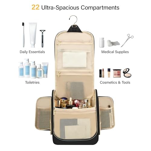 Hanke Hanging Travel Toiletry Bag for Men and Women, Water-Resistant Toiletries Bag Makeup Organizer with Hook, Cosmetic Bag for Bathroom & Travel Essentials Accessories, Black