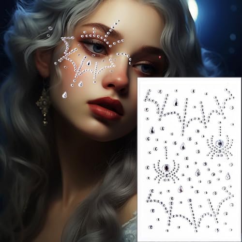 3 Pieces Spider Web Face Jewels Rhinestones,Spider Body Gems Stickers Halloween Temporary Face Tattoos,Halloween Cosplay Festival Rave Face Stickers Day of the Dead Decorations