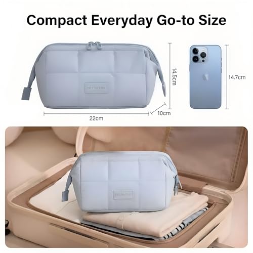Travel Makeup Bag with Brush Pocket & Compartments Blue