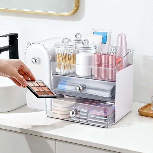 Makeup Organizer with Brush Holder & 3 Clear Drawers