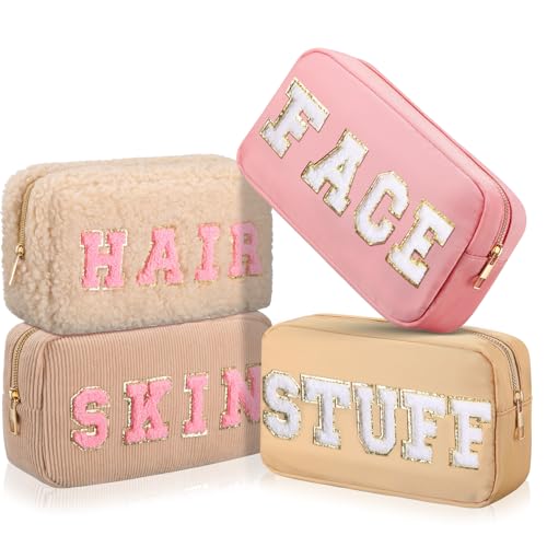 Kajaia 4 Pcs Preppy Makeup Bags Chenille Letter Bag Hair Face Skin Stuff Cosmetic Pouch Cases for Women Travel Toiletry Spend The Night(Simple Color,Charming)