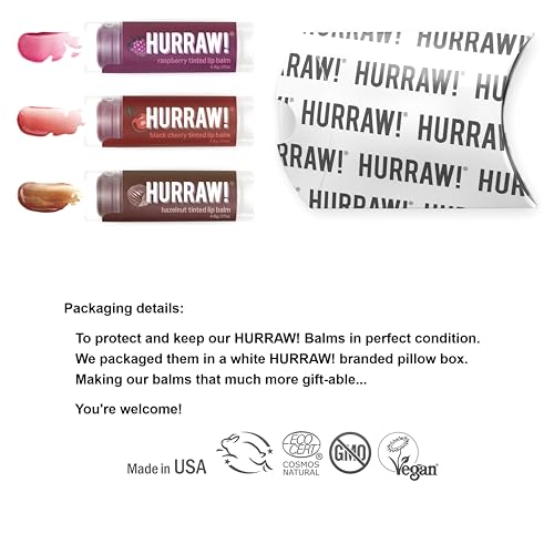 Hurraw! Raspberry Tinted, Black Cherry Tinted, Hazelnut Tinted Lip Balms, 3 Pack Bundle: Organic, Vegan, Cruelty & Gluten Free. Non-GMO, 100% Natural. Bee, Shea, Soy & Palm Free. Made in USA