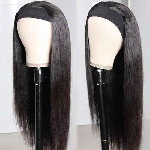 Headband Wig Human Hair 28 Inch Straight Headband Wigs for Black Women Machine Made Human Hair Wigs Glueless None Lace Front Wig Brazilian Virgin Human Hair 150% Density Natural Black Color
