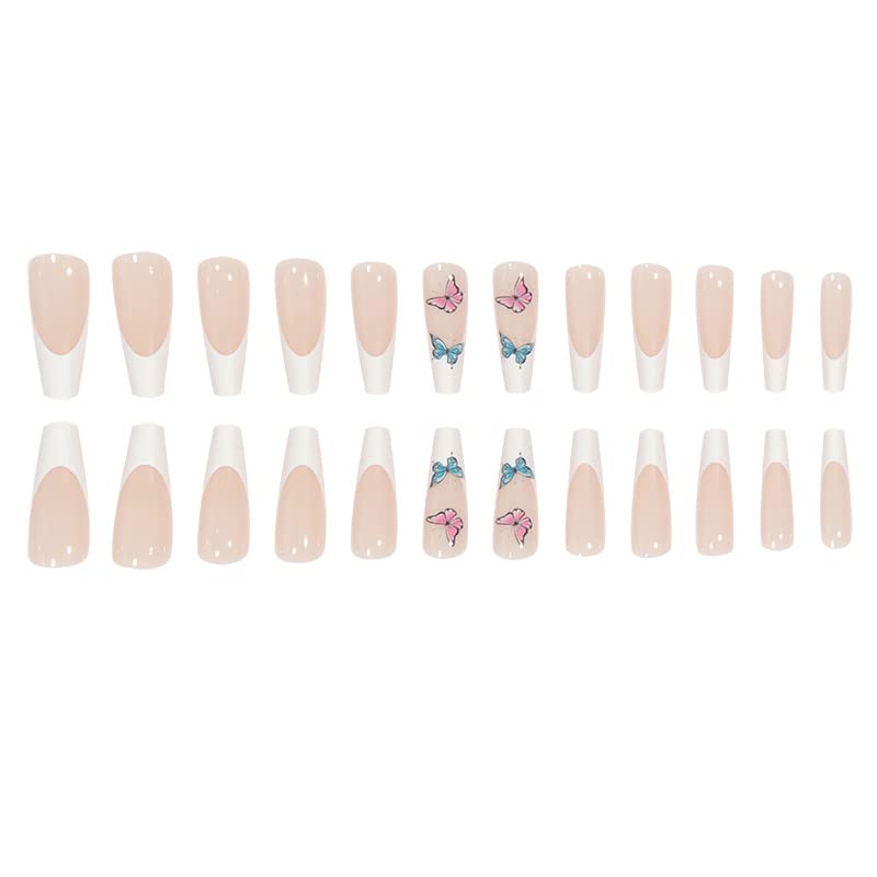 DOUBNINE Press On Nails Long Coffin Matte Nude French Tip Butterfly Acrylic False Nails with Glue Ballerina Luxury Full Cover Stick On Nails for Women