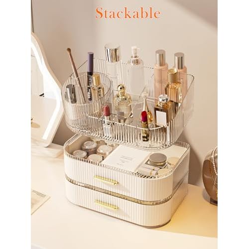 Makeup Organizer with Stackable Drawer, 360 Rotating Makeup Brush Holder, 11-inch Wide Large Cosmetic Display Case, Skincare Organizers and Storage for Dresser, Vanity, Bathroom Countertop