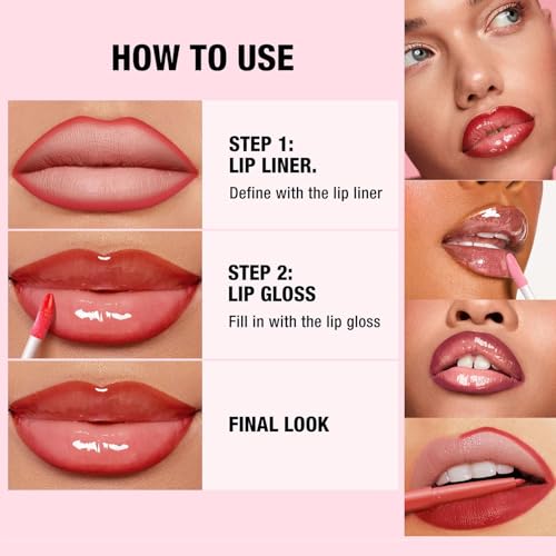 Dark Red Lip Liner Lip Gloss Set for Women, Waterproof Lip Kit with Lip Oil Lip Liner Pencil, Hydrating Long-Lasting Lipgloss Lip Pencil, High Pigment Non-Sticky lip liner Stain Lipliner (12#)