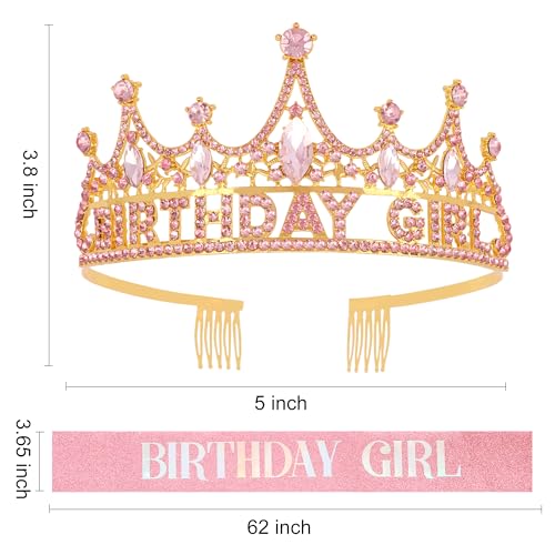 Sparkling Pink Birthday Girl Sash and Crown Set with Tiara