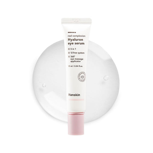Hanskin Hyaluron Eye Serum – Korean Hydrating Eye Care | 4 Types of Hyaluronic Acid & Cooling Metal Applicator | De-Puffing, Smoothing & Brightening for Tired, Dry Skin | 0.85 fl oz