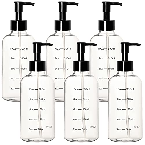 Youngever 6 Pack Plastic Pump Bottles, Clear Refillable Plastic Pump Bottles with Measurement and Travel Lock (12 Ounce)