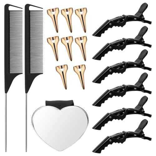 17 Pieces Hair Parting Tools Set Heart, Included 8P Hair Parting Ring 2P Metal Rat Tail Comb 6P Hair Sectioning Clip with 1P Magnetic Wrist Sewing Pin Holder for Braiding (Black)