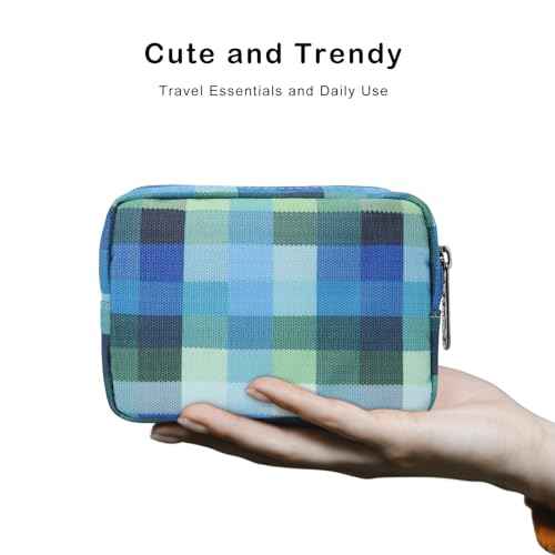 E-Tree Cute Small Makeup Bag,Cosmetic Toiletry Make up Little Items Pouch for Purse,Zipper Mini Tech Charger Cable Electronic Organizer Case,Travel Accessories for Women Men Teen,Blue Checkered