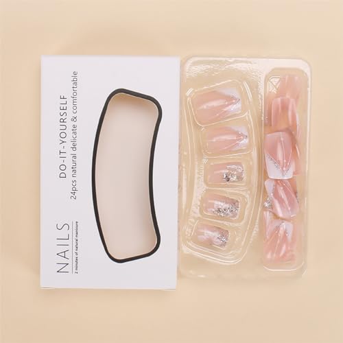 Short Square French Tip Press on Nails - White Flower & Star Design (24 Pcs)