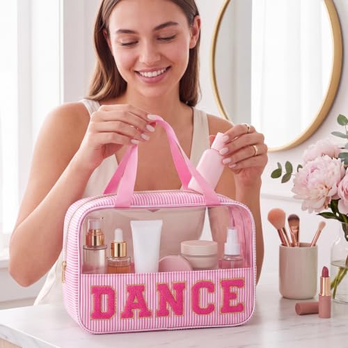 Sanwuta Seersucker Makeup Bag with Chenille Letters, Pink
