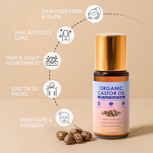 Organic Castor Oil Roll-On with Rose Quartz Roller | Cold-Pressed, Unscented, 1.7 fl oz