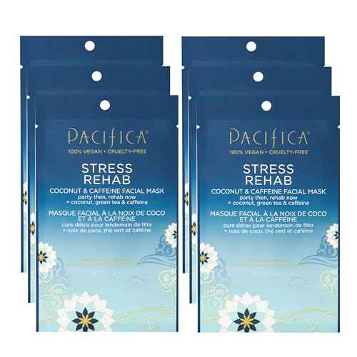 Pacifica Sheet Mask - Stress Rehab Coconut & Caffeine Facial Mask - 6-PACK De-Stress Sheet Mask for Redness & Puffiness Relief, Infused w/Green Tea, Turmeric & Hyaluronic Acid Cruelty-Free Skincare