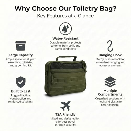 Mens Toiletry Travel Bag, Tactical Toiletry Bag for Men, Bathroom Hanging Toiletry Bag for Men Shaving Hygiene Bag Travel Toiletry Organizer Short Trips Bag, Green