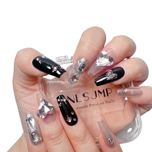 NLSJMP Handmade Reusable False nails,Long Balerina Press on Nails,3D Heart Acrylic Fake Nails Kit,Rhinestone Glitter Design Nail Art Kit,Include Toolkit,10Pcs,Bling,Size Large