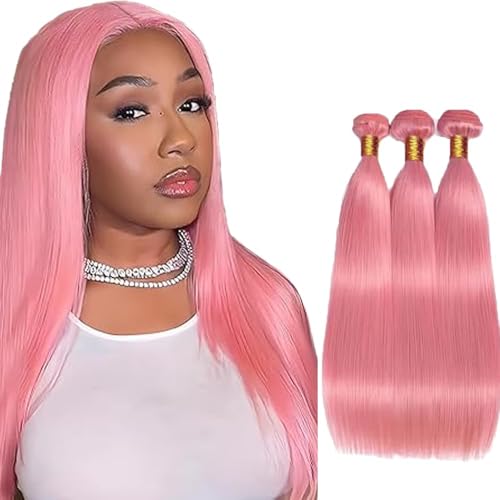 Pink Straight Human Hair Bundles - 18, 20, 22 Inch, 3 Pack