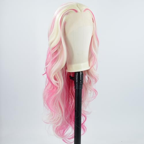Long Wavy Hot Pink White Lace Front Wig Pink Skunk Stripe Platinum Blonde New Synthetic Hair For Women