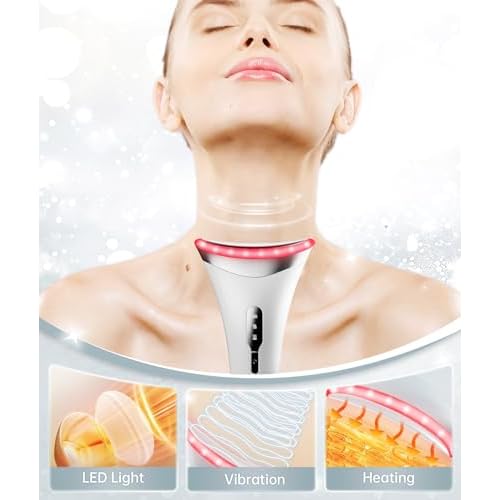 Red Light Therapy for Face and Neck, 7 Color Facial Massager with Adjustable Vibration and Thermals for Wrinkles, Double Chin, Portable Skin Care Tool with Base, White