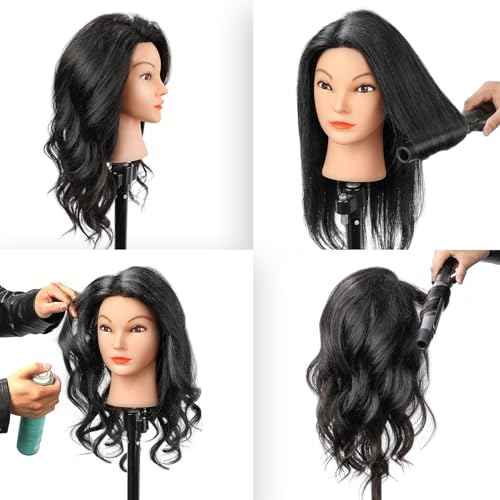 20-22" 100% Human Hair Mannequin Head Hair Practice Training Head Cosmotology Doll Head for Hairdressers with Clamp- Natural Black
