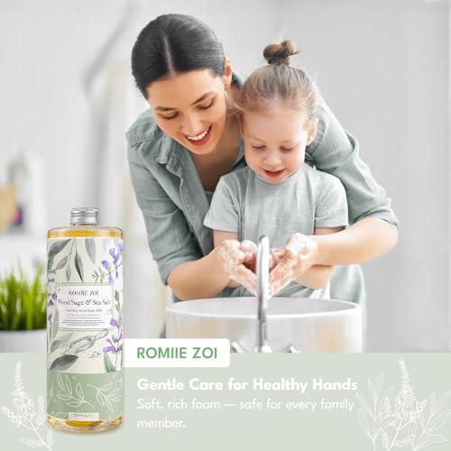 ROMIIE ZOI Foaming Hand Soap Refill Gift Set ? Wood Sage & Sea Salt Scent ? 3 Pack (1000ML Each) with Dispenser, Gentle & Moisturizing Plant-Based Formula ? Bulk Refill Bottles for Bathroom & Kitchen